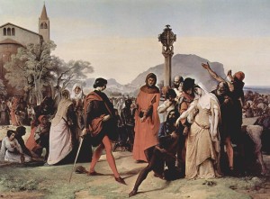 Drouet trafitto dalla spada viene ucciso, da I Vespri siciliani di Francesco Hayez (Galleria Nazionale d'Arte Moderna di Roma)