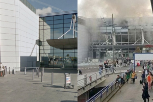 Fumo e vetrate distrutte. Così appare l'aeroporto internazionale di Bruxelles Zaventem subito dopo l'attacco suicida avvenuto alle 8 di mattina. Le deflagrazioni, almeno due, nella hall del terminale partenze, a poca distanza dal banco della American Airlines. Nelle immagini che seguono, la struttura prima e dopo l'attentato (Foto La Repubblica)